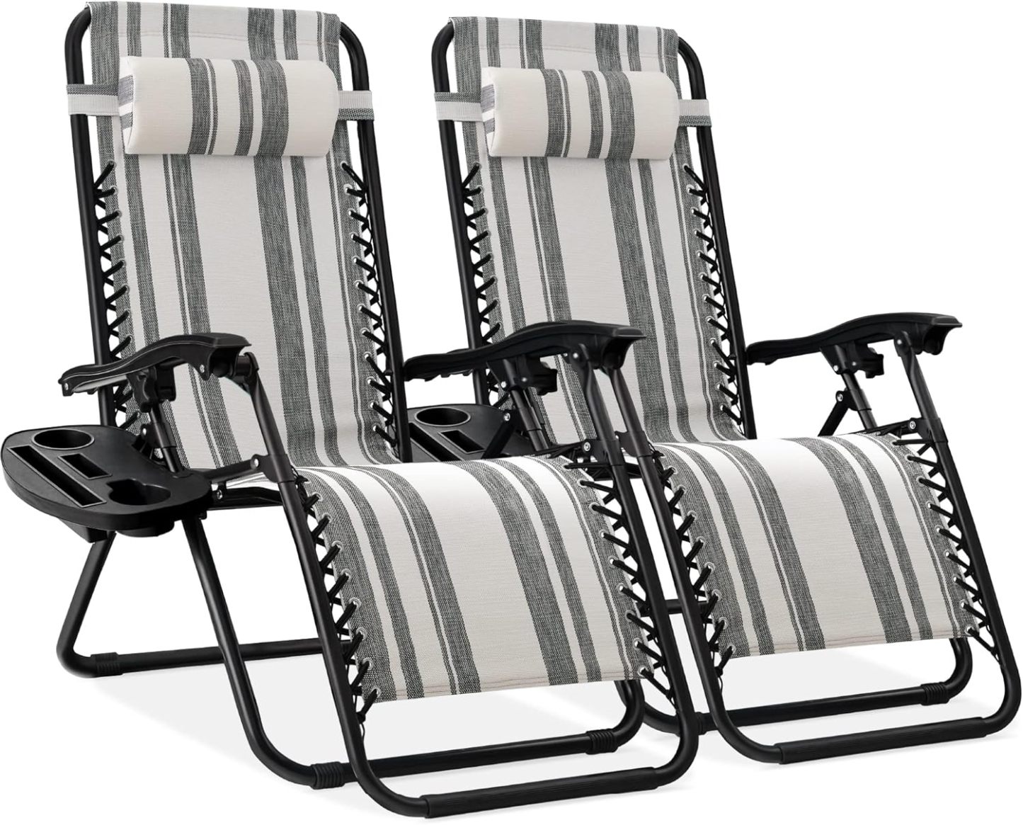 Best Choice Products Set of 2 Adjustable Steel Mesh Zero Gravity Lounge Chair Recliners w/Pillows and Cup Holder Trays - Navy Blue