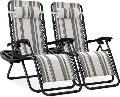 Best Choice Products Set of 2 Adjustable Steel Mesh Zero Gravity Lounge Chair Recliners w/Pillows and Cup Holder Trays - Navy Blue