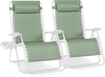Best Choice Products Set of 2 Adjustable Steel Mesh Zero Gravity Lounge Chair Recliners w/Pillows and Cup Holder Trays - Navy Blue