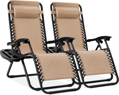 Best Choice Products Set of 2 Adjustable Steel Mesh Zero Gravity Lounge Chair Recliners w/Pillows and Cup Holder Trays - Navy Blue