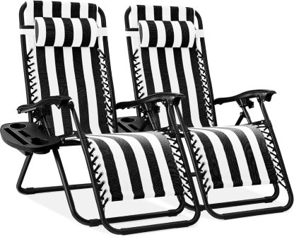 Best Choice Products Set of 2 Adjustable Steel Mesh Zero Gravity Lounge Chair Recliners w/Pillows and Cup Holder Trays - Navy Blue