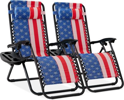 Best Choice Products Set of 2 Adjustable Steel Mesh Zero Gravity Lounge Chair Recliners w/Pillows and Cup Holder Trays - Navy Blue