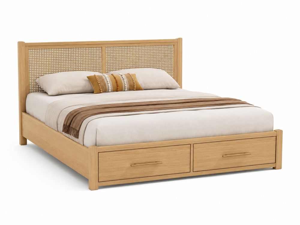 Lit en bois naturel avec rangement et tête de lit cannage