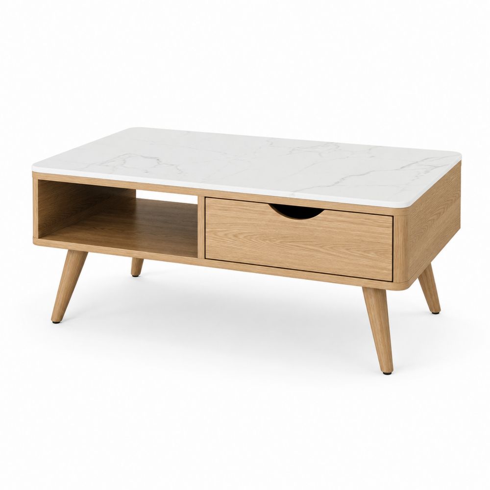 Table basse en marbre et bois de chêne avec tiroir