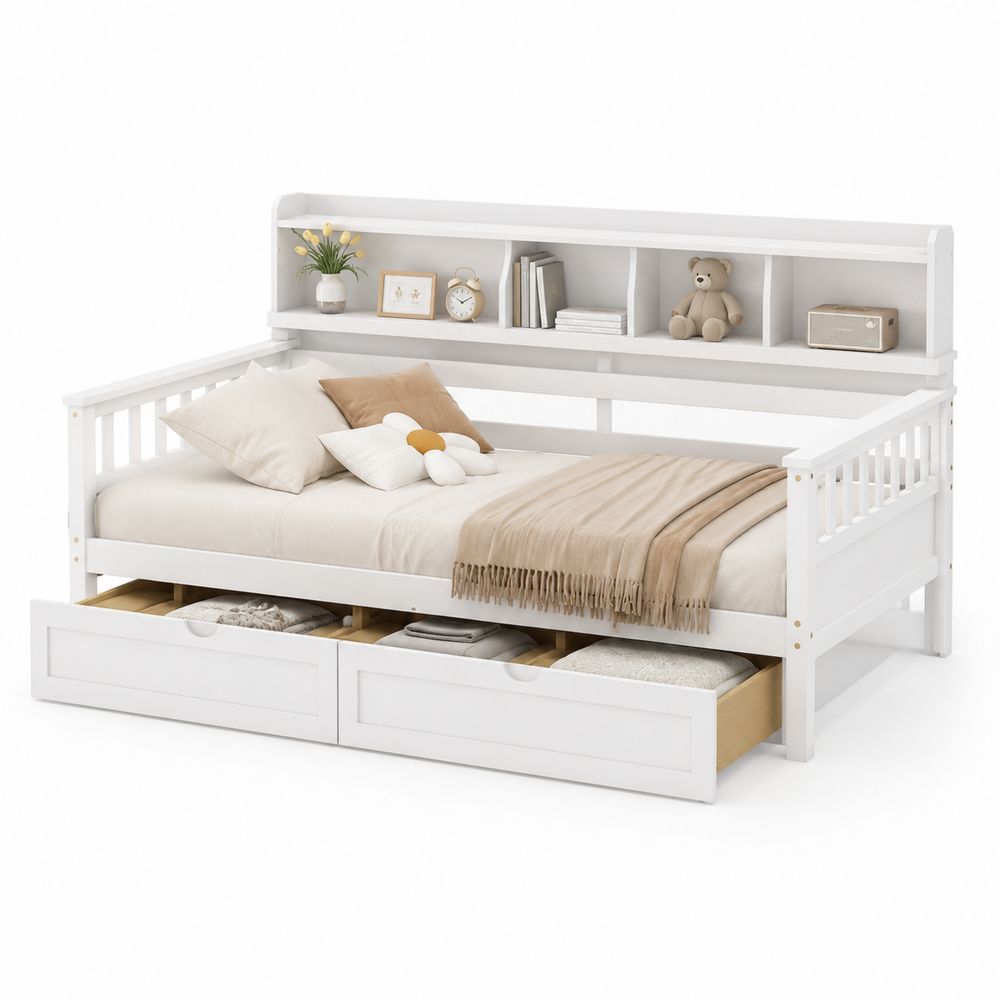 Lit de repos en bois avec étagères intégrées et tiroirs Blanc 200x90 cm