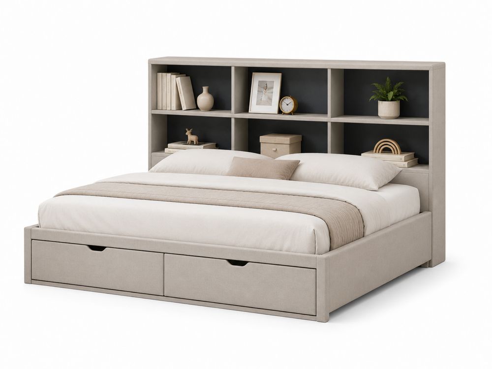 Lit en Tissu Beige avec Rangement et Étagères