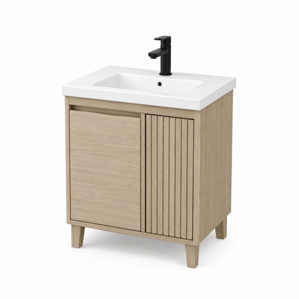 Meuble sous lavabo en bois avec lavabo en céramique blanche