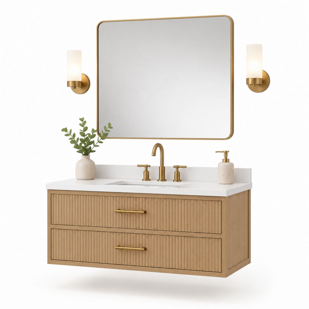 Meuble sous lavabo mural en bois chêne clair avec plan de travail en résine blanche et miroir