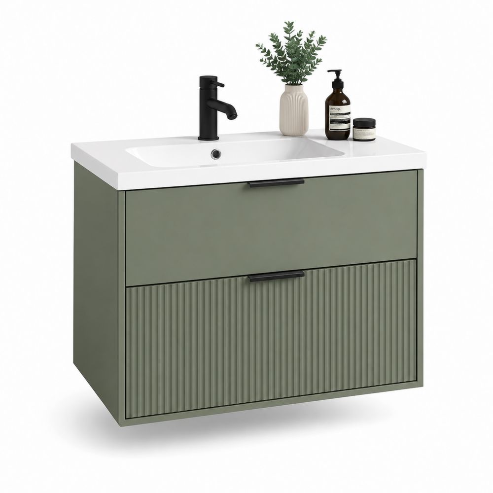 Meuble sous lavabo 80 cm MDF vert avec vasque en céramique