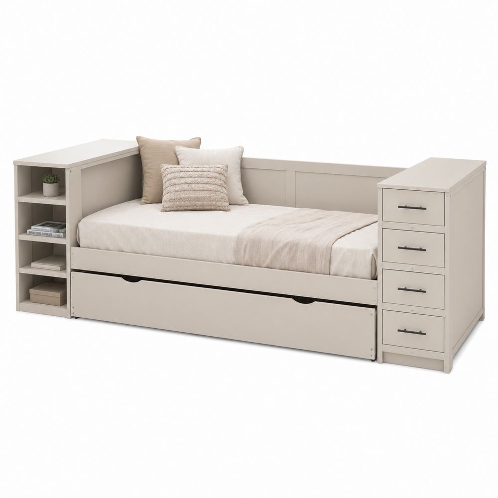 Lit de Repos en Bois avec Tiroir de Rangement et Étagères
