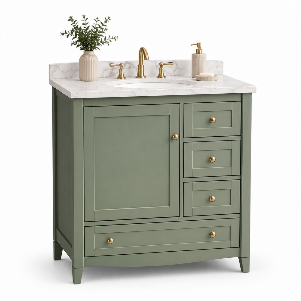 Meuble sous lavabo en bois avec comptoir en marbre blanc 85x60x45 cm Vert