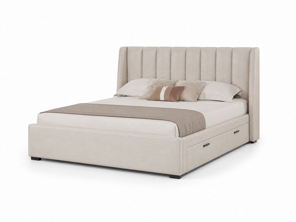 Lit double en tissu avec rangement et coussins