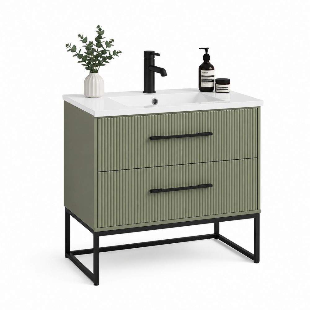 Meuble sous lavabo rectangulaire 80 cm MDF et acier avec deux tiroirs
