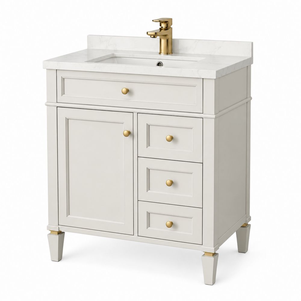 Meuble sous lavabo en bois avec dessus en marbre avec tiroirs Blanc et Doré