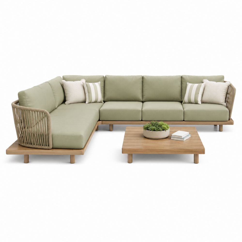 Ensemble modulaire de jardin en bois avec coussins verts