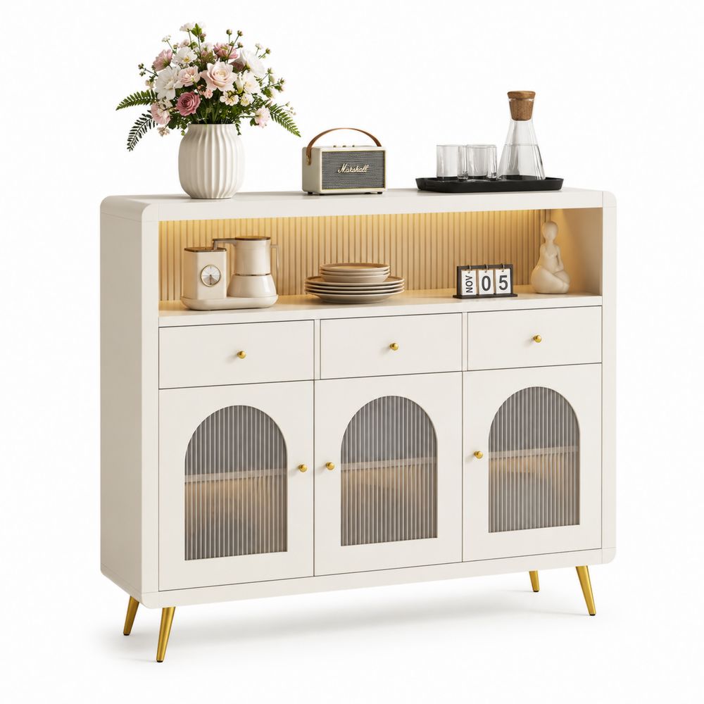 Buffet vaisselier en bois MDF avec portes vitrées cannelées
