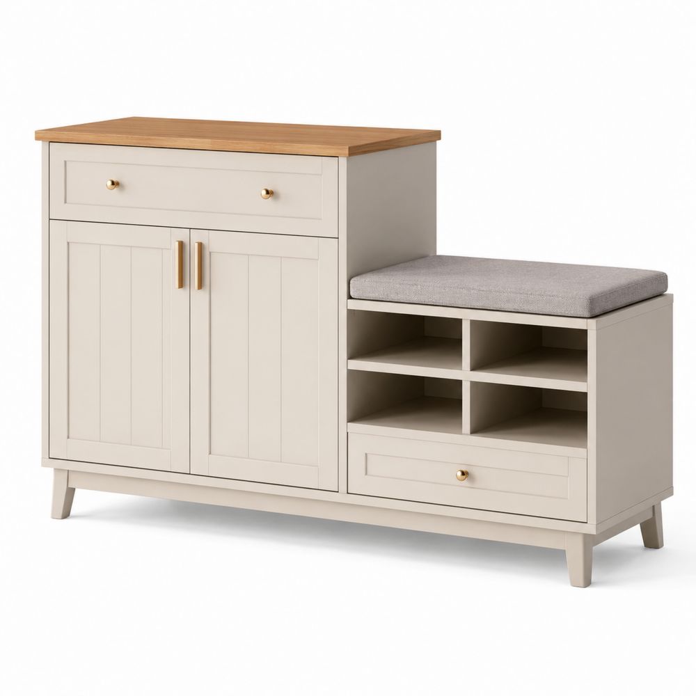 Banc d'entrée avec rangement à chaussures en bois et tissu Beige/Gris