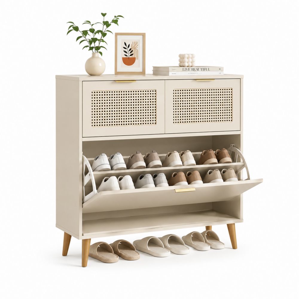 Meuble à chaussures en bois et rotin Beige