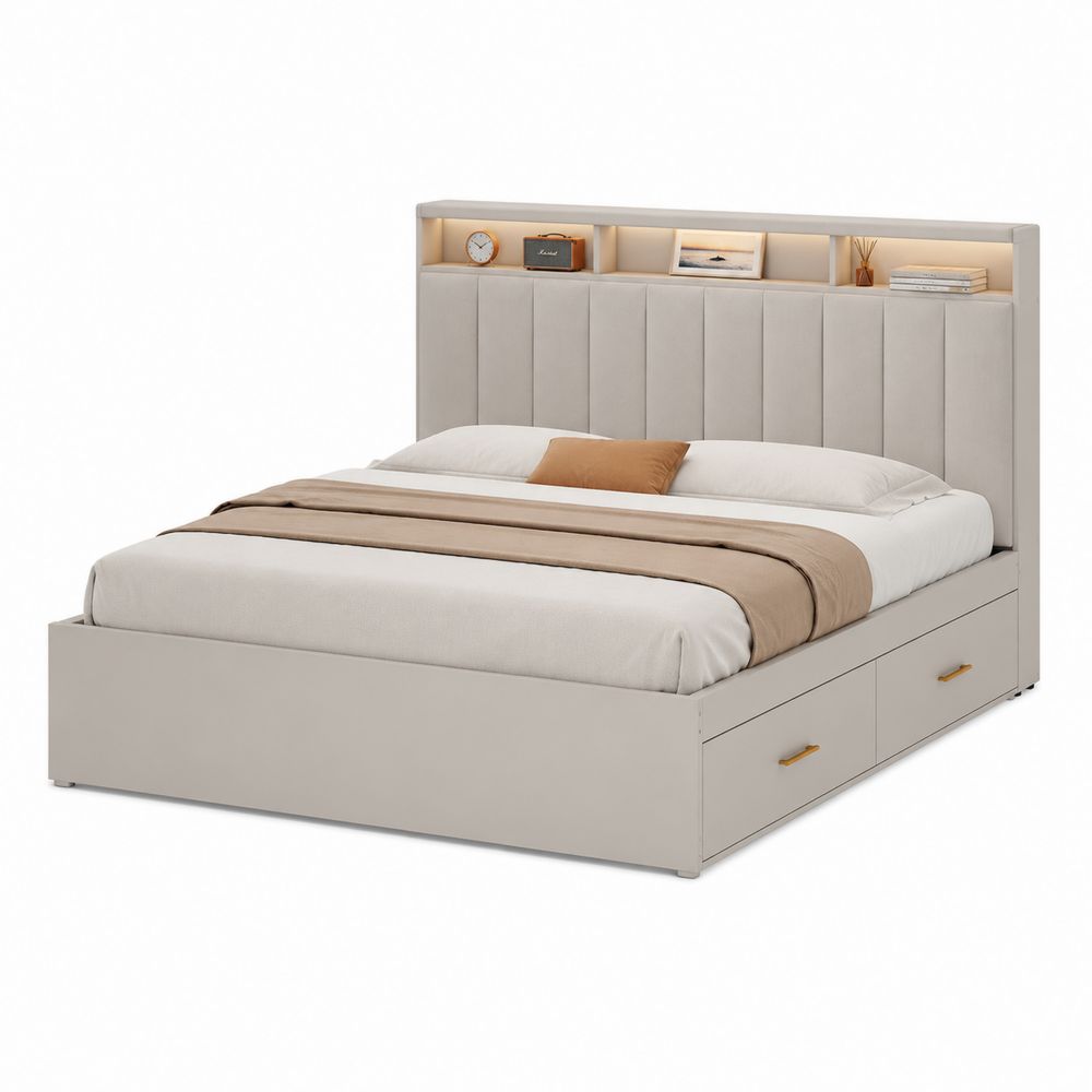 Lit en bois avec rangement et éclairage LED 200x160 cm Beige