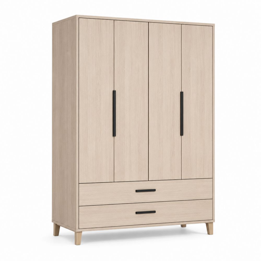 Armoire en bois clair 4 portes 2 tiroirs avec poignées en métal