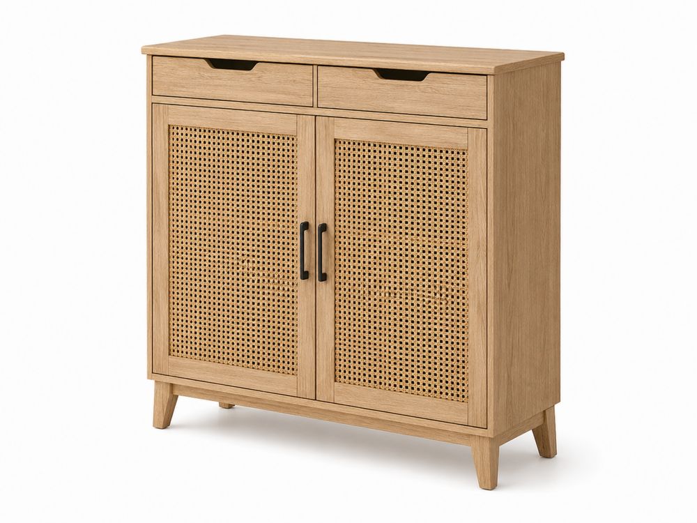 Meuble à chaussures en bois et rotin avec 2 tiroirs