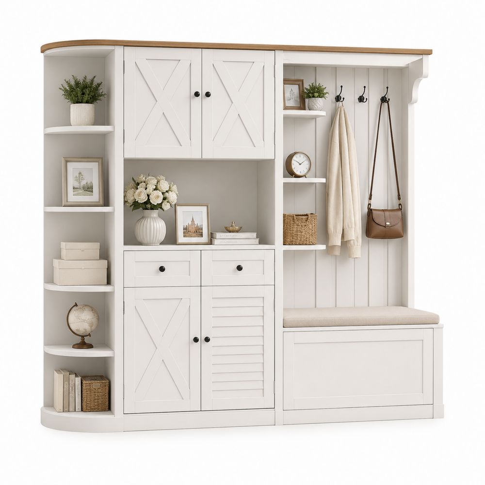 Meuble d'entrée avec banc et étagères en bois Blanc