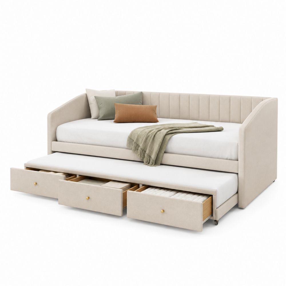 Lit de repos en tissu avec tiroirs et lit gigogne Beige