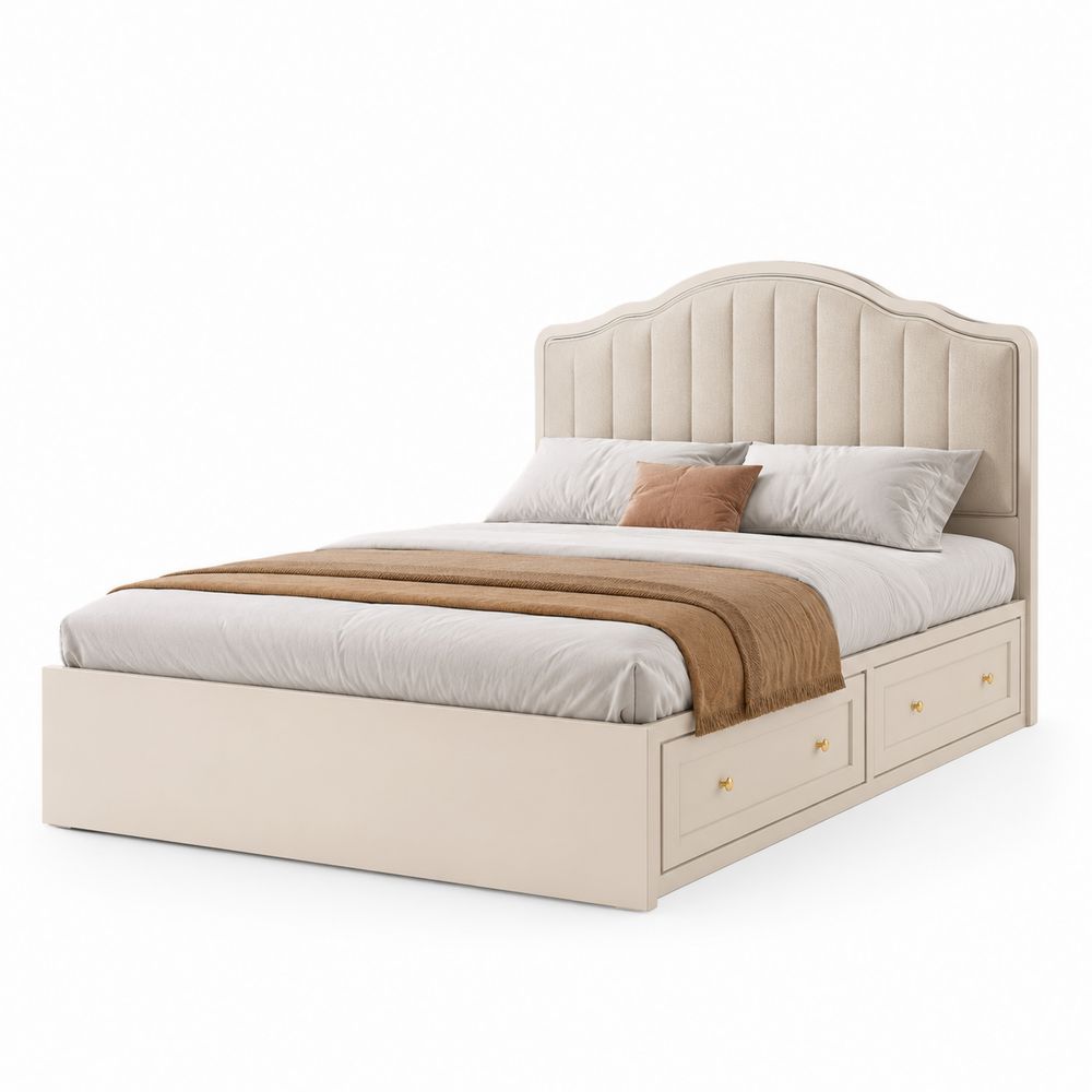Lit en bois avec rangement et tête de lit rembourrée en tissu beige