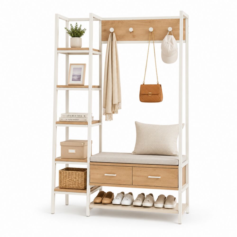 Porte-manteau avec étagères et banc en bois et métal