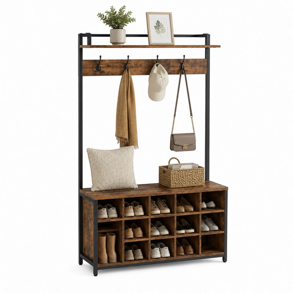 Porte-manteau avec étagères à chaussures en métal et bois marron