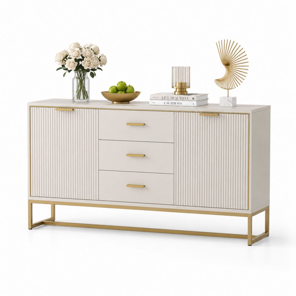 Buffet en bois MDF et métal doré avec rangements 150x40x80 cm Blanc