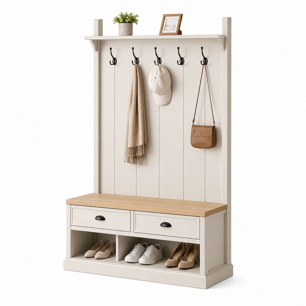 Portemanteau avec banc en bois et métal beige