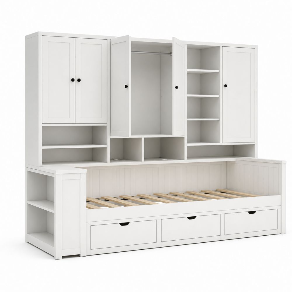 Lit de repos en bois blanc avec rangements intégrés