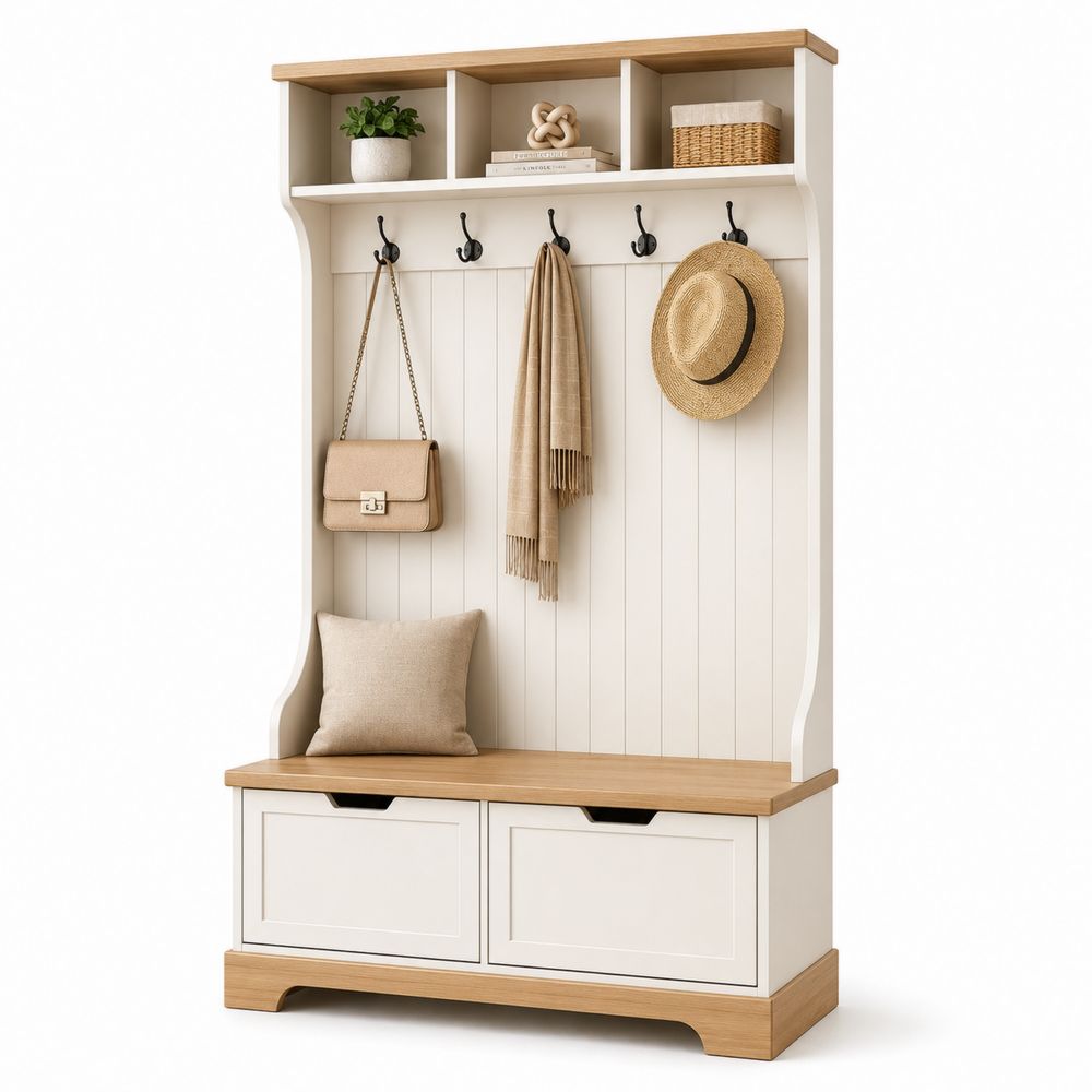 Porte-manteau en bois avec banc et rangement en MDF 180x100x40 cm
