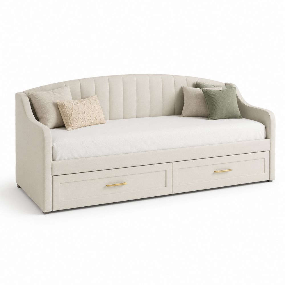 Canapé-lit en tissu beige avec tiroirs