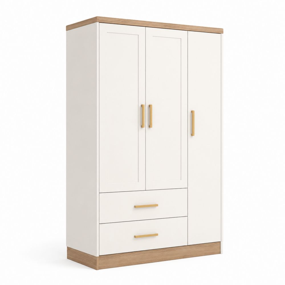 Armoire 3 portes 2 tiroirs en MDF Blanc/Chêne