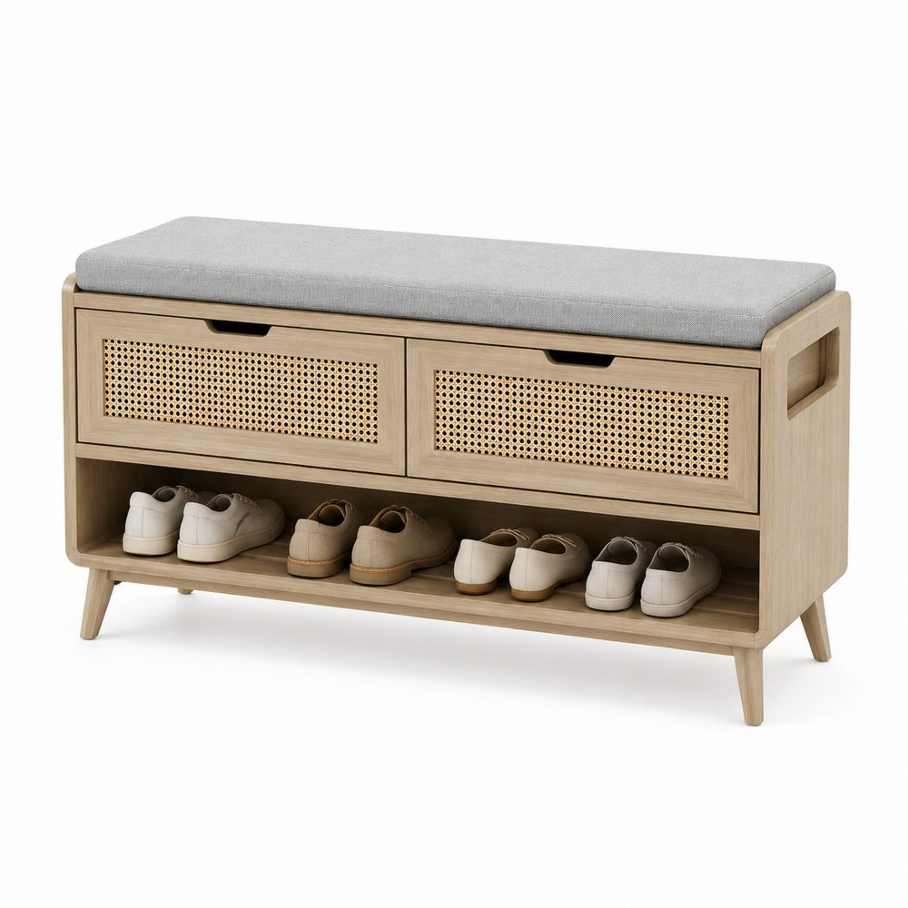 Banc de rangement en bois avec coussin en tissu