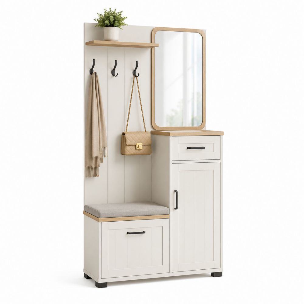 Porte-manteau avec miroir et banc en MDF Blanc et Chêne clair