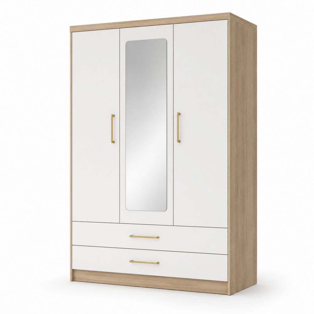 Armoire 3 portes avec miroir en bois mélaminé Blanc/Chêne