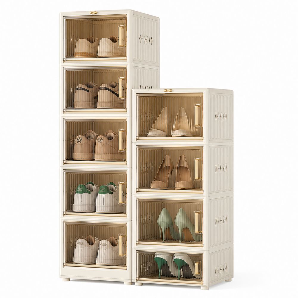 Armoire à chaussures en plastique avec portes en verre 6 compartiments Blanc/Or