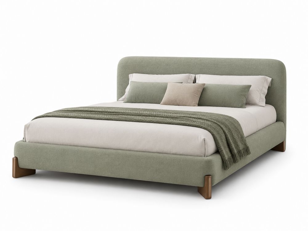 Lit double en bois et tissu vert avec sommier