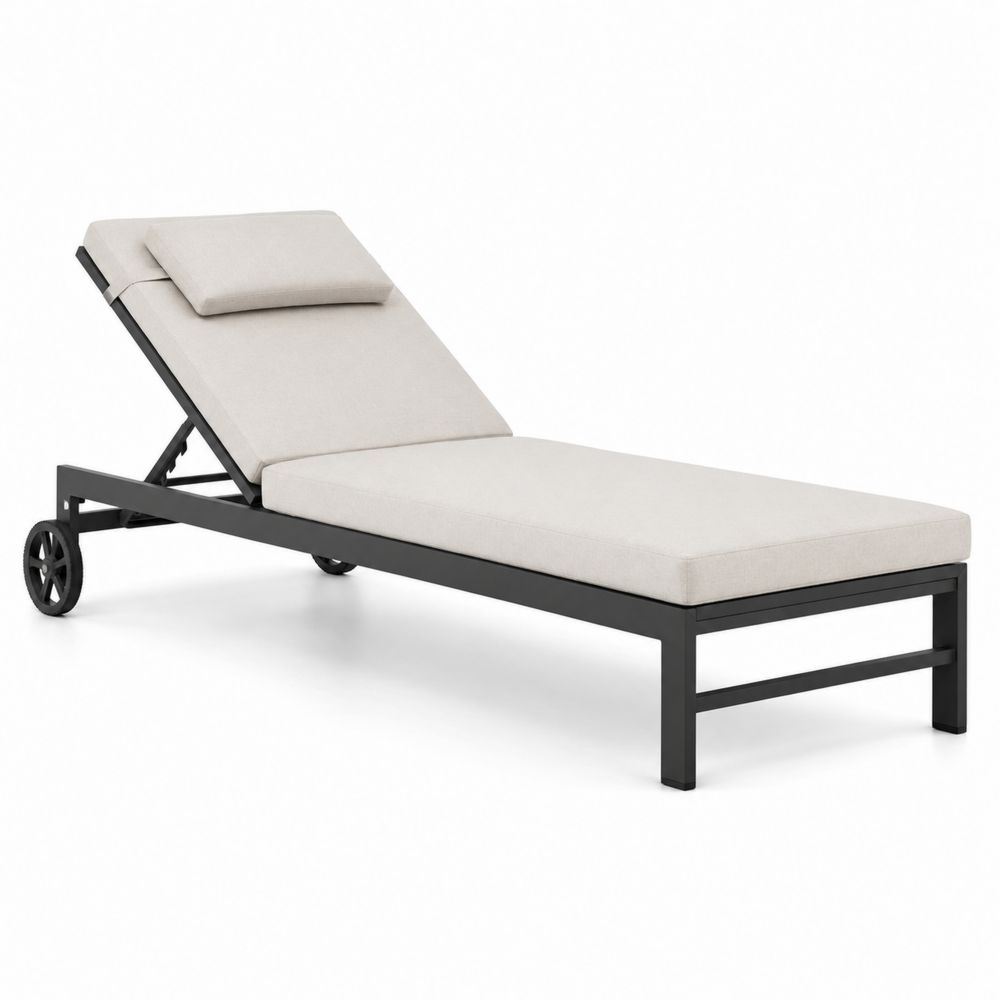 Chaise Longue Extérieure Métal avec Coussin en Tissu Beige