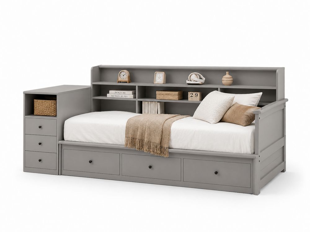 Lit simple en bois MDF avec étagère et tiroirs Gris