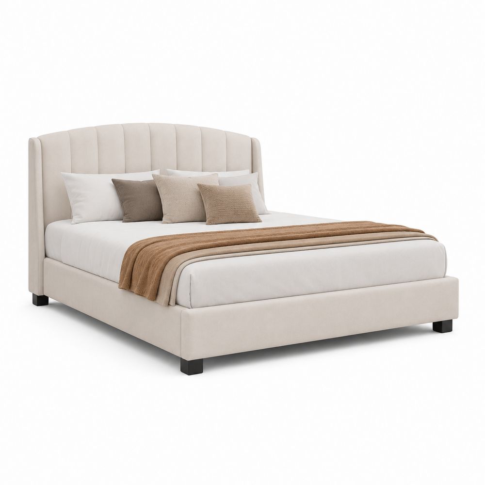 Lit double avec tête capitonnée en tissu polyester beige