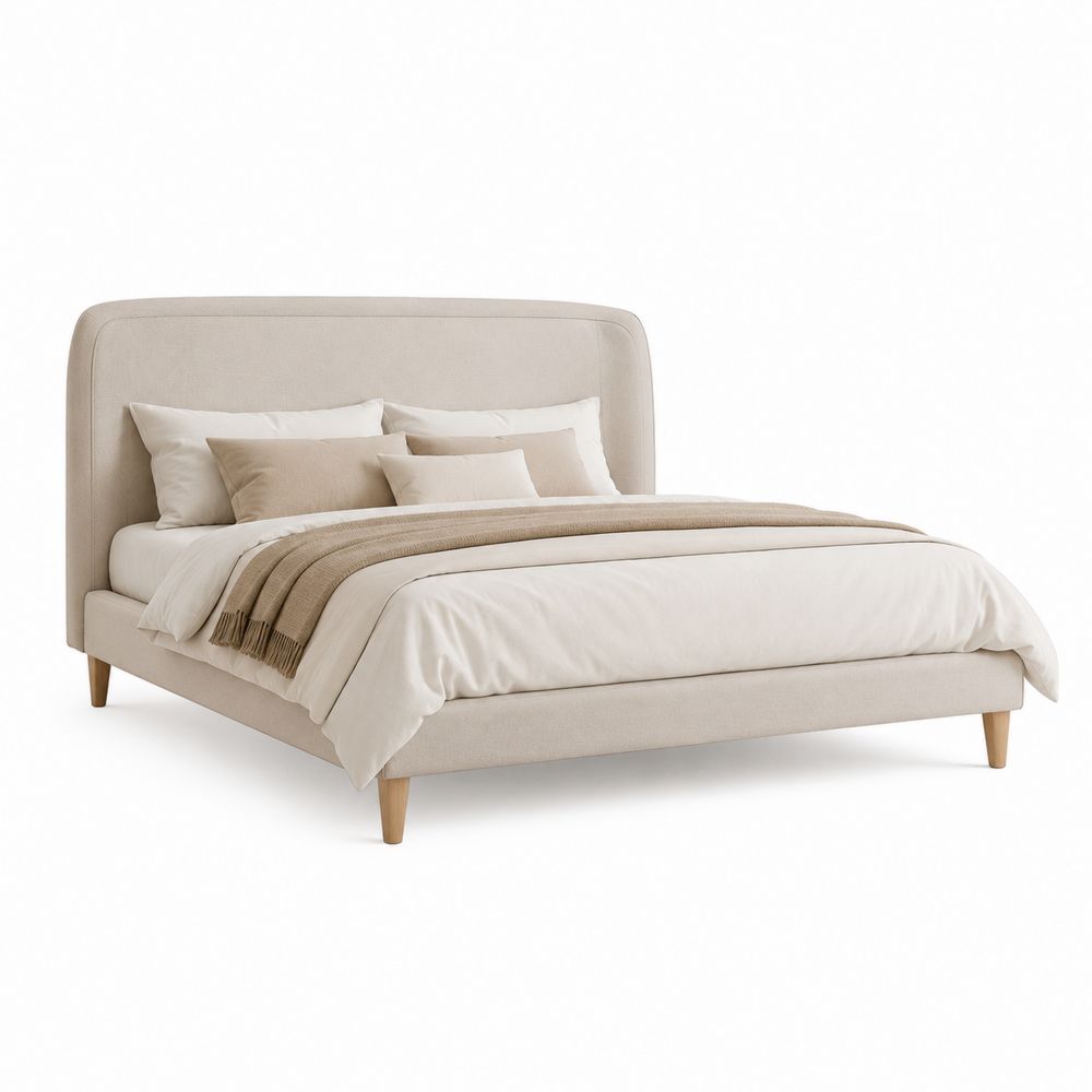 Lit double en tissu avec pieds en bois