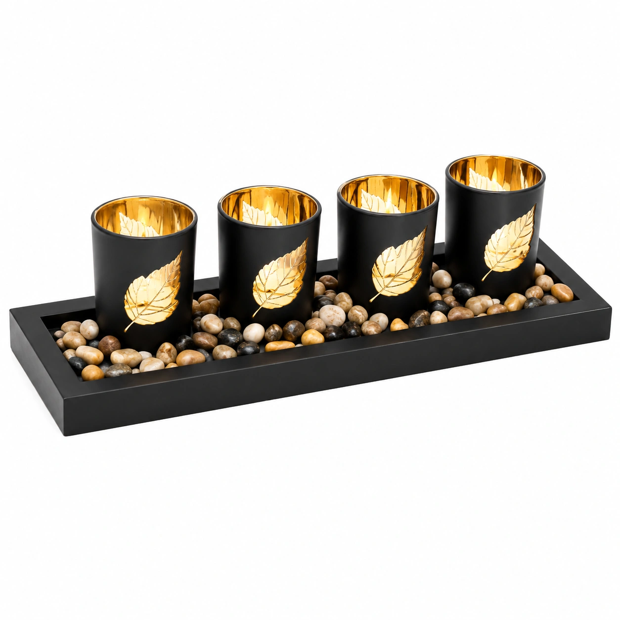 Portavelas decorativo negro con bandeja y hojas doradas-Furnmio