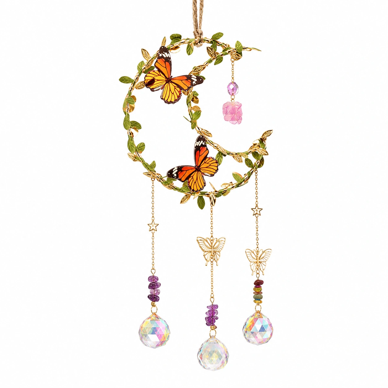 Colgante decorativo dorado de luna con mariposas y cristales-Furnmio