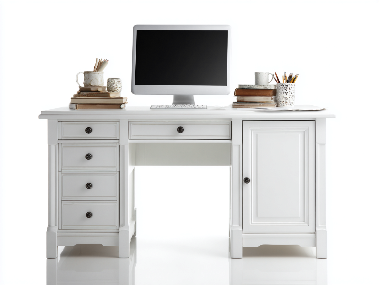 Mesas de oficina escritorio madera 140x60x75 cm blanco clásico con almacenamiento-Doroiadwell