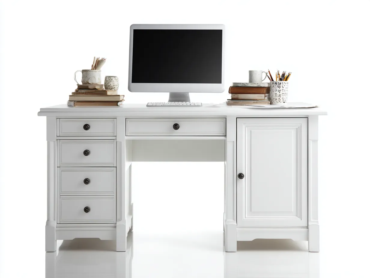 Mesas de oficina escritorio madera 140x60x75 cm blanco clásico con almacenamiento-Doroiadwell