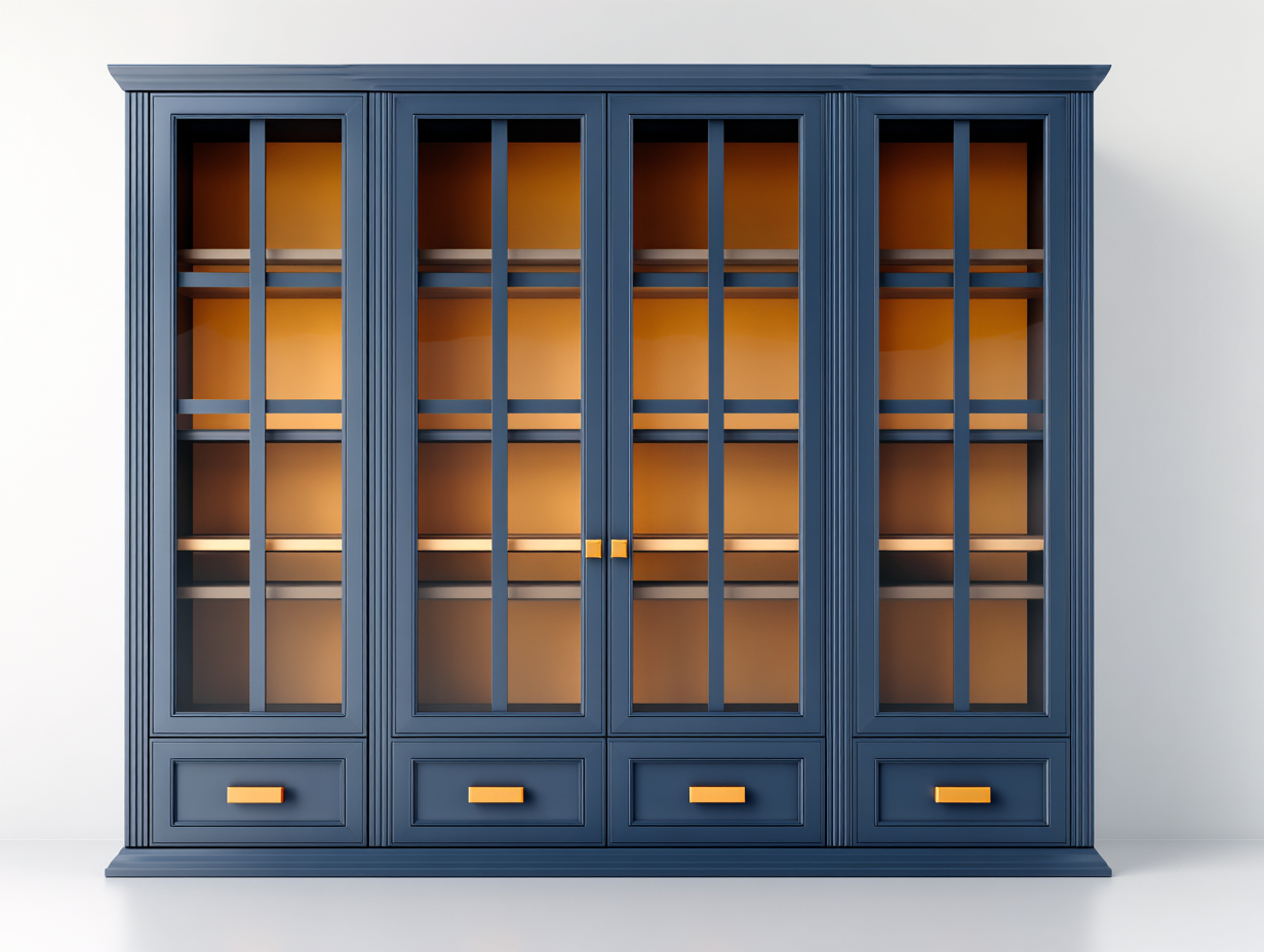Vitrinas vitrina madera 180x40x200 cm color azul con 4 puertas de vidrio y 4 cajones estilo moderno para salón-Doroiadwell